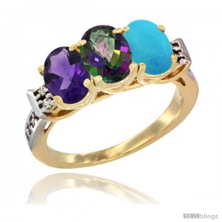 10K Yellow Gold Natural Amethyst, Mystic Topaz & Turquoise Ring 3-Stone Oval 7x5 mm Diamond Accent