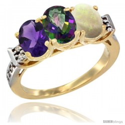 10K Yellow Gold Natural Amethyst, Mystic Topaz & Opal Ring 3-Stone Oval 7x5 mm Diamond Accent