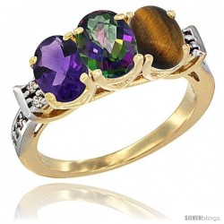 10K Yellow Gold Natural Amethyst, Mystic Topaz & Tiger Eye Ring 3-Stone Oval 7x5 mm Diamond Accent