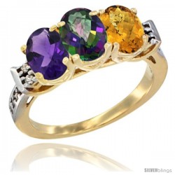 10K Yellow Gold Natural Amethyst, Mystic Topaz & Whisky Quartz Ring 3-Stone Oval 7x5 mm Diamond Accent