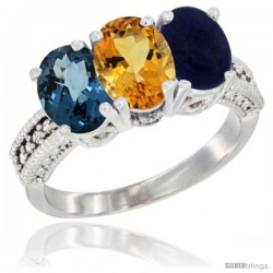 14K White Gold Natural London Blue Topaz, Citrine & Lapis Ring 3-Stone 7x5 mm Oval Diamond Accent