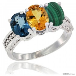 14K White Gold Natural London Blue Topaz, Citrine & Malachite Ring 3-Stone 7x5 mm Oval Diamond Accent