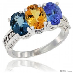 14K White Gold Natural London Blue Topaz, Citrine & Tanzanite Ring 3-Stone 7x5 mm Oval Diamond Accent