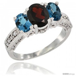 14k White Gold Ladies Oval Natural Garnet 3-Stone Ring with London Blue Topaz Sides Diamond Accent