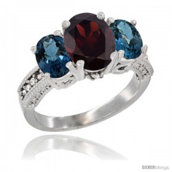 14K White Gold Ladies 3-Stone Oval Natural Garnet Ring with London Blue Topaz Sides Diamond Accent