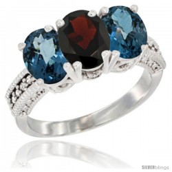 14K White Gold Natural Garnet & London Blue Topaz Sides Ring 3-Stone 7x5 mm Oval Diamond Accent