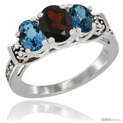 14K White Gold Natural Garnet & London Blue Ring 3-Stone Oval with Diamond Accent