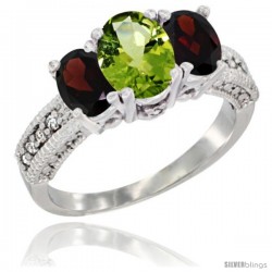 14k White Gold Ladies Oval Natural Peridot 3-Stone Ring with Garnet Sides Diamond Accent