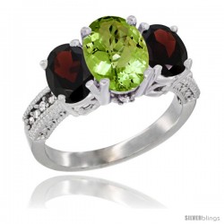 14K White Gold Ladies 3-Stone Oval Natural Peridot Ring with Garnet Sides Diamond Accent