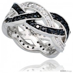 Sterling Silver Braided Ring w/ Black & White CZ Stones, 5/16" (8mm) wide