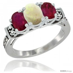 14K White Gold Natural Opal & Ruby Ring 3-Stone Oval with Diamond Accent