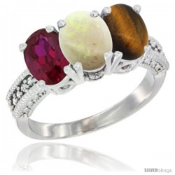 14K White Gold Natural Ruby, Opal & Tiger Eye Ring 3-Stone 7x5 mm Oval Diamond Accent