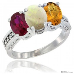 14K White Gold Natural Ruby, Opal & Whisky Quartz Ring 3-Stone 7x5 mm Oval Diamond Accent