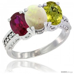 14K White Gold Natural Ruby, Opal & Lemon Quartz Ring 3-Stone 7x5 mm Oval Diamond Accent