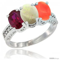 14K White Gold Natural Ruby, Opal & Coral Ring 3-Stone 7x5 mm Oval Diamond Accent