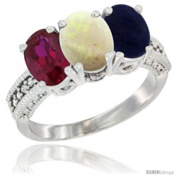 14K White Gold Natural Ruby, Opal & Lapis Ring 3-Stone 7x5 mm Oval Diamond Accent