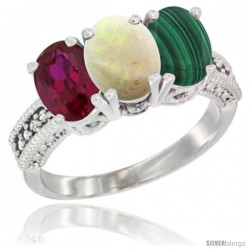 14K White Gold Natural Ruby, Opal & Malachite Ring 3-Stone 7x5 mm Oval Diamond Accent