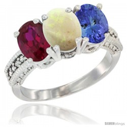 14K White Gold Natural Ruby, Opal & Tanzanite Ring 3-Stone 7x5 mm Oval Diamond Accent