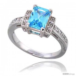 Sterling Silver Vintage Style ring, w/ an 8 x 6 mm (1.5 ct) Emerald Cut Blue Topaz-colored CZ Stone, 3/16" (5 mm)