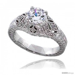 Sterling Silver Vintage Style Engagement ring, w/ a 6mm (.75 ct) Round CZ Stone, 3/8" (9 mm) wide