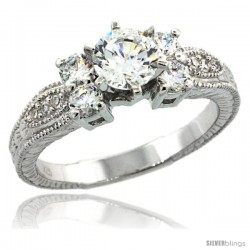 Sterling Silver Vintage Style Engagement Ring w/ Brilliant Cut CZ Stones, 1/4 in. (6 mm) wide