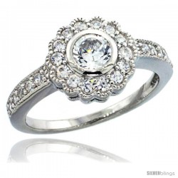 Sterling Silver Vintage Style Flower Ring w/ Brilliant Cut CZ Stones, 7/16 in. (11 mm) wide