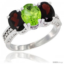 14K White Gold Natural Peridot & Garnet Sides Ring 3-Stone 7x5 mm Oval Diamond Accent