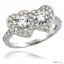 Sterling Silver Double Heart Ring w/ Brilliant Cut CZ Stones, 3/8 in. (10 mm) wide