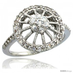 Sterling Silver Vintage Style Flower Wheel Ring w/ Brilliant Cut CZ Stones, 9/16 in. (14.5 mm) wide