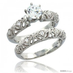 Sterling Silver Vintage Style 2-Pc. Engagement Ring Set w/ Brilliant Cut CZ Stones, 5/16 in. (8 mm) wide