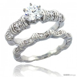 Sterling Silver Vintage Bamboo Style 2-Pc. Engagement Ring Set w/ Brilliant Cut CZ Stones, 1/4 in. (7 mm) wide