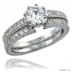 Sterling Silver Vintage Style 2-Pc. Engagement Ring Set w/ Brilliant Cut CZ Stones, 3/16 in. (5 mm) wide