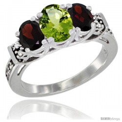 14K White Gold Natural Peridot & Garnet Ring 3-Stone Oval with Diamond Accent