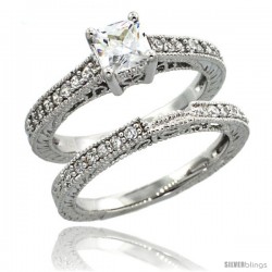 Sterling Silver Vintage Style 2-Pc. Square Engagement Ring Set w/ Princess (5 mm) & Brilliant Cut CZ Stones, 1/4 in. (6 mm) wide