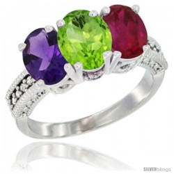 10K White Gold Natural Amethyst, Peridot & Ruby Ring 3-Stone Oval 7x5 mm Diamond Accent