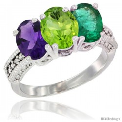 10K White Gold Natural Amethyst, Peridot & Emerald Ring 3-Stone Oval 7x5 mm Diamond Accent