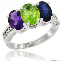 10K White Gold Natural Amethyst, Peridot & Blue Sapphire Ring 3-Stone Oval 7x5 mm Diamond Accent