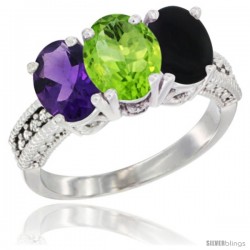 10K White Gold Natural Amethyst, Peridot & Black Onyx Ring 3-Stone Oval 7x5 mm Diamond Accent