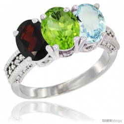 14K White Gold Natural Garnet, Peridot & Aquamarine Ring 3-Stone 7x5 mm Oval Diamond Accent