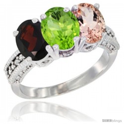 14K White Gold Natural Garnet, Peridot & Morganite Ring 3-Stone 7x5 mm Oval Diamond Accent