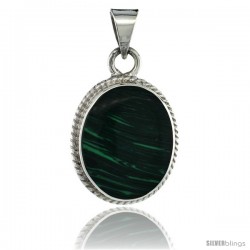 Sterling Silver Oval Malachite Pendant w/ Braided Rope Edge, 1 3/8 in tall