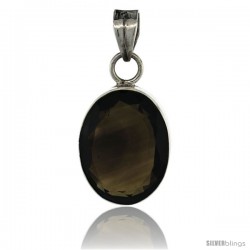 Sterling Silver Oval Smoky Quartz Stone Pendant 1 5/16 in tall