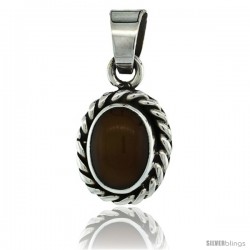 Sterling Silver Oval Tiger Eye Stone Pendant w/ Braided Rope Edge, 1 in tall