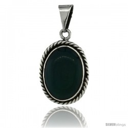 Sterling Silver Oval Malachite Stone Pendant w/ Braided Rope Edge, 1 in tall