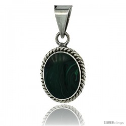 Sterling Silver Oval Malachite Stone Pendant w/ Braided Rope Edge, 1 1/8 in tall