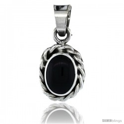 Sterling Silver Oval Black Obsidian Stone Pendant w/ Braided Rope Edge, 1 in tall