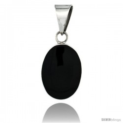 Sterling Silver Large Oval Black Obsidian Stone Pendant 1 9/16 in tall