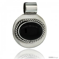 Sterling Silver Black Obsidian Slide Pendant Oval Stone Round Base, 1 3/16