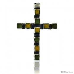 Sterling Silver Latin Cross Pendant Slide, w/ Pyramid-shaped Yellow & Green Stones 1 5/8 in tall