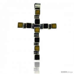 Sterling Silver Latin Cross Pendant Slide, w/ Pyramid-shaped Yellow & Black Stones 1 5/8 in tall